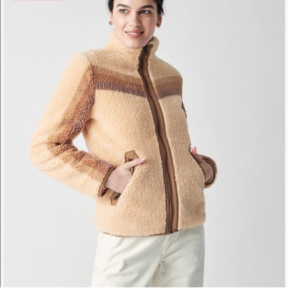 Faherty Apres Dream Full Zip Lined Sherpa Fleece Jacket - Tan, Chevron Stripe - Picture 1 of 12